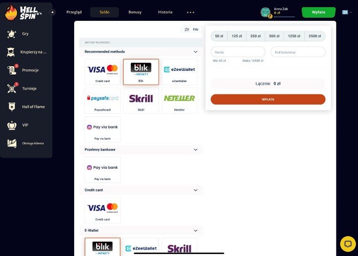 Jak złożyć depozyt Blik w HellSpin Casino